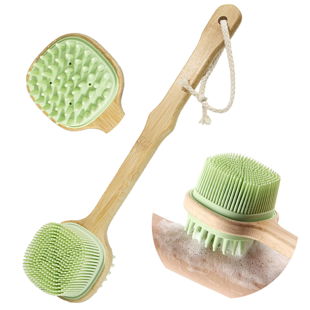 MAYCREATE Bath Brush 12.8 Inches Double Sided Silicone Body Massager Brush Back Scrubber Brush Wooden Handle Body Exfoliation Bathing Brush, Green MAYCREATE Bath Brush 12.8 Inches Double Sided Silicone Body Massager Brush Back Scrubber Brush Wooden Handle Body Exfoliation Bathing Brush, Green